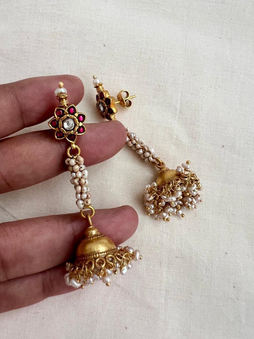 Gold polish kundan & ruby jhumkas with pearls-Earrings-CI-House of Taamara