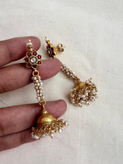 Gold polish kundan & ruby jhumkas with pearls-Earrings-CI-House of Taamara