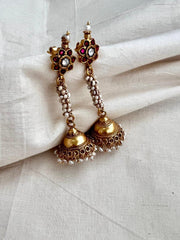 Gold polish kundan & ruby jhumkas with pearls-Earrings-CI-House of Taamara