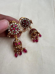 Gold polish kundan & ruby jhumkas with pearls and ruby beads-Earrings-CI-House of Taamara