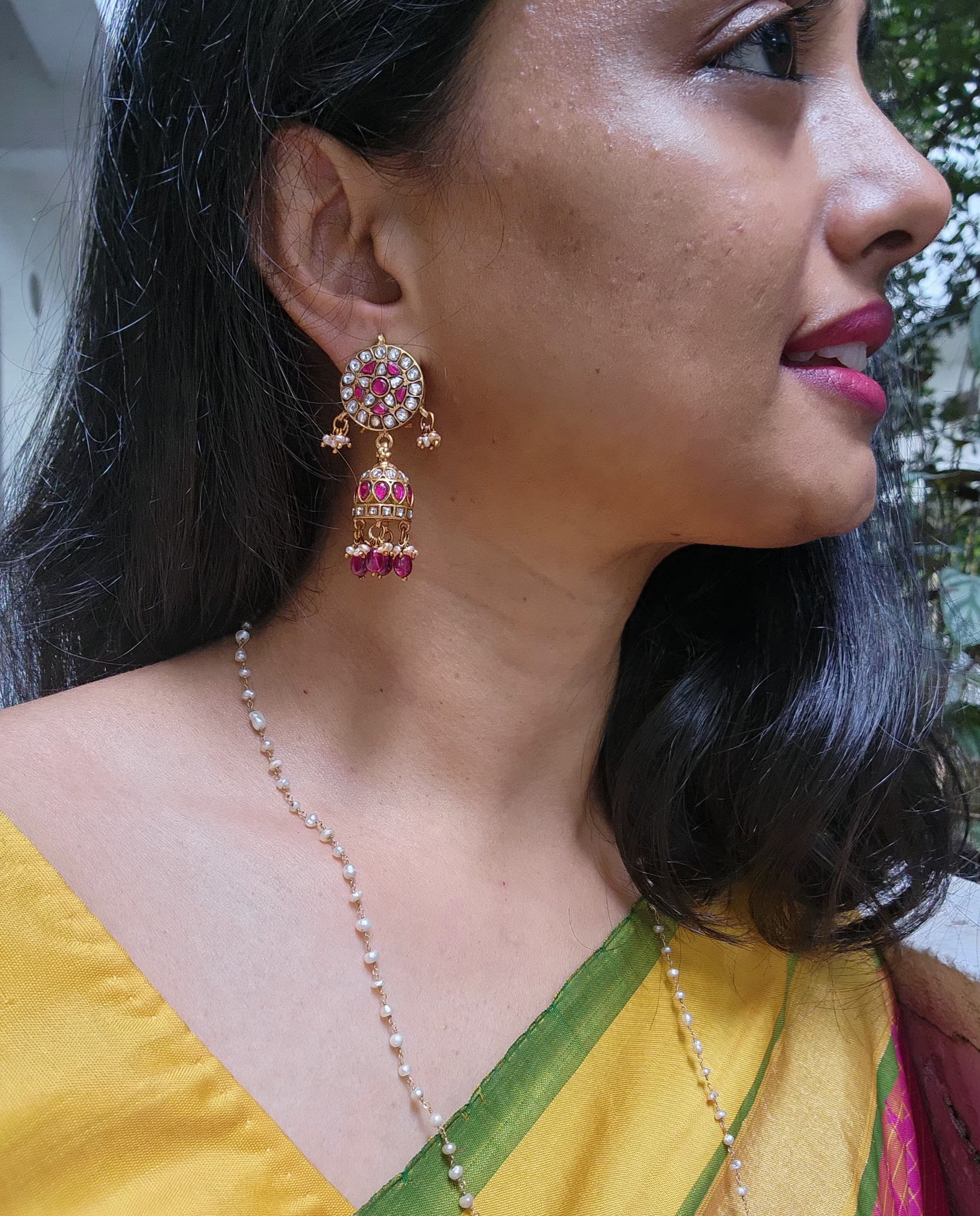 Gold polish kundan & ruby jhumkas with pearls and ruby beads-Earrings-CI-House of Taamara