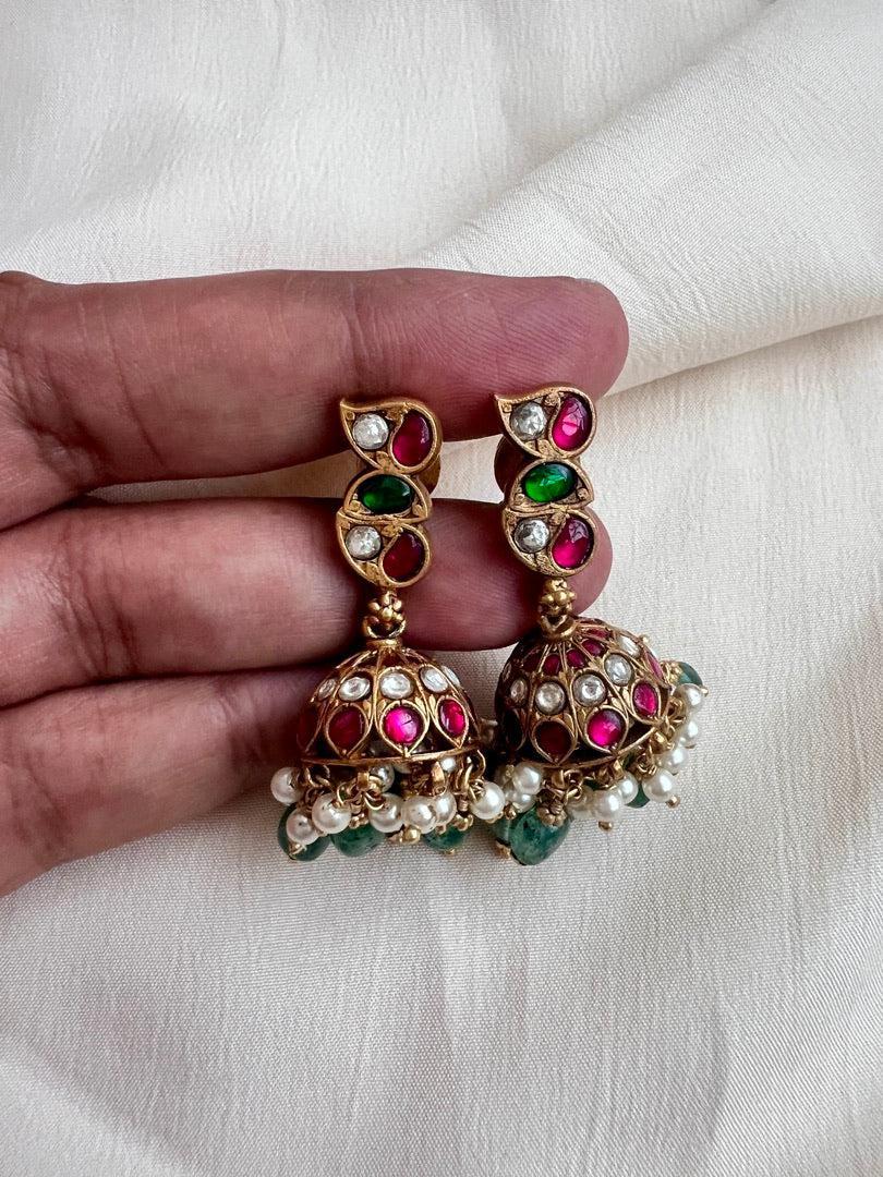 Gold polish kundan & ruby jhumkas with pearls & jade beads-Earrings-CI-House of Taamara