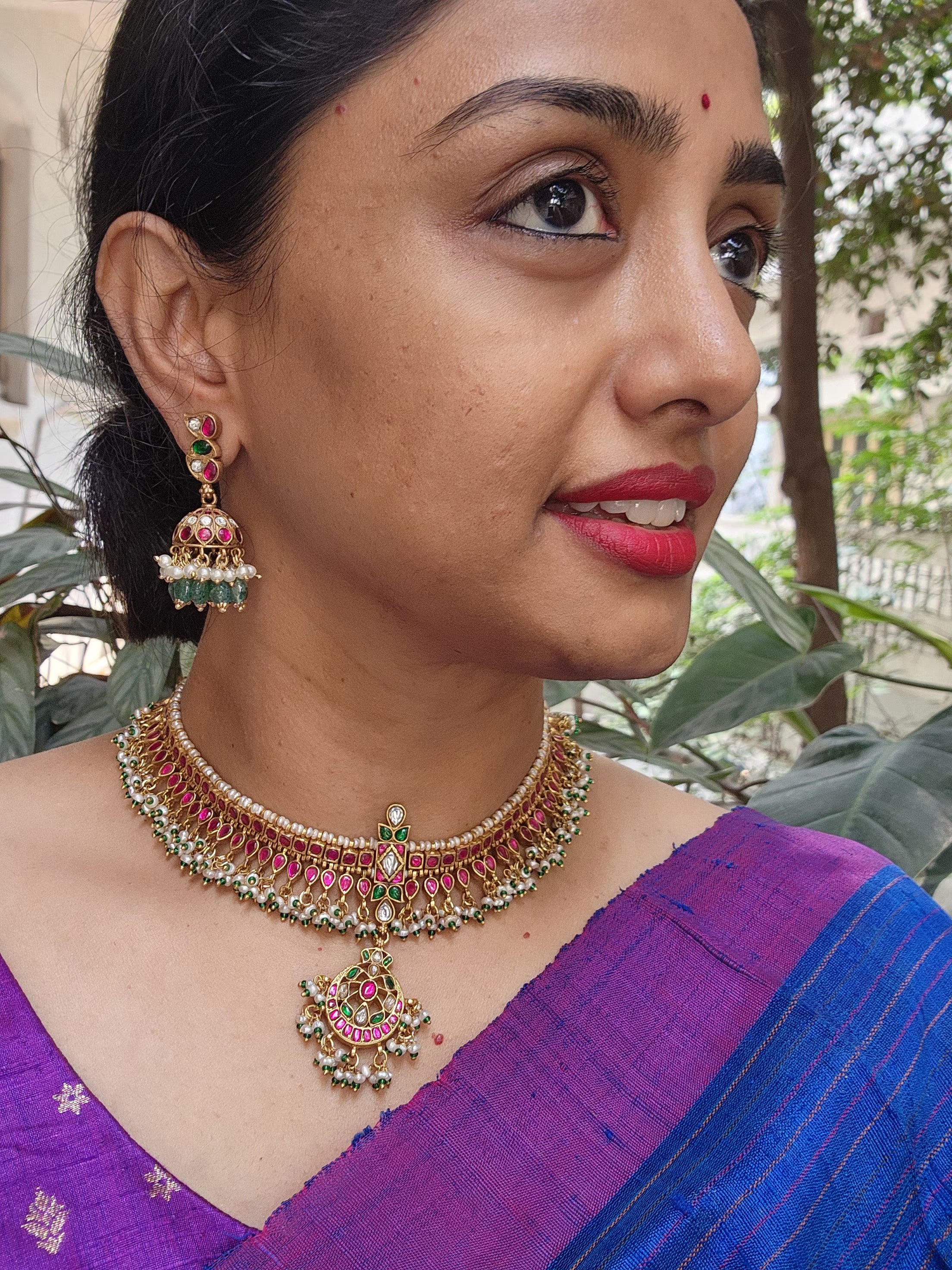 Gold polish kundan & ruby jhumkas with pearls & jade beads-Earrings-CI-House of Taamara