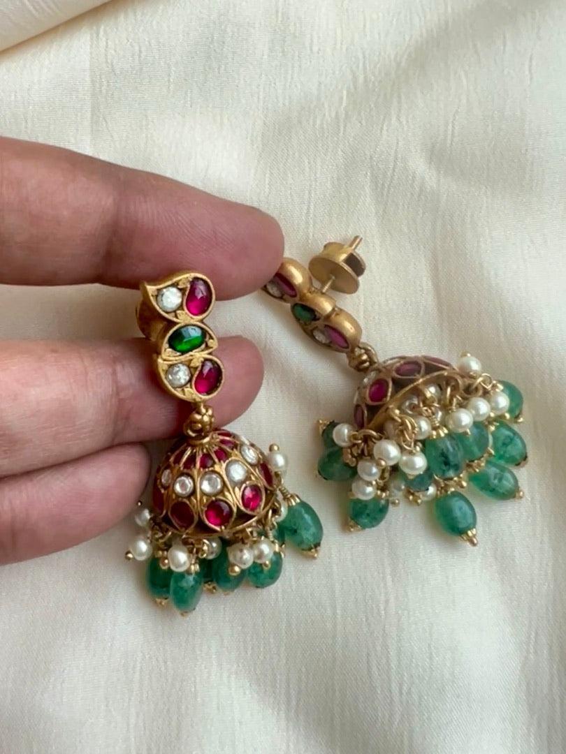 Gold polish kundan & ruby jhumkas with pearls & jade beads-Earrings-CI-House of Taamara