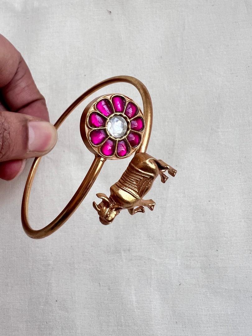 Gold polish kundan & ruby kada with cow motif-Silver Bracelet-CI-House of Taamara