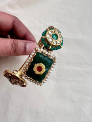 Gold polish kundan & ruby kada with kundan inlay work on green onyx stone-Silver Bracelet-CI-House of Taamara