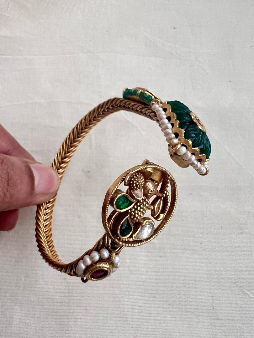 Gold polish kundan & ruby kada with kundan inlay work on green onyx stone-Silver Bracelet-CI-House of Taamara