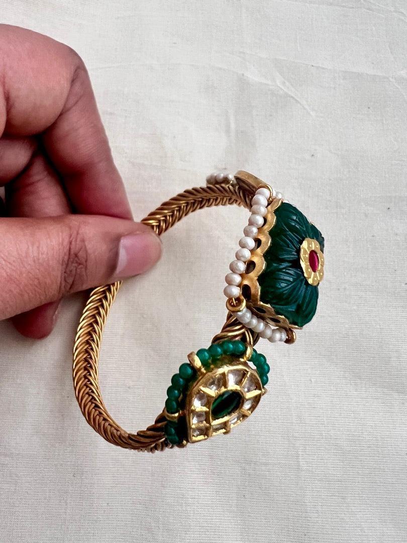 Gold polish kundan & ruby kada with kundan inlay work on green onyx stone-Silver Bracelet-CI-House of Taamara
