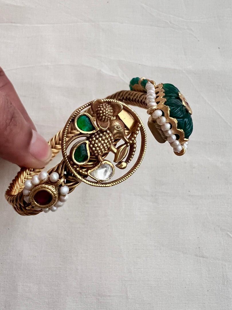 Gold polish kundan & ruby kada with kundan inlay work on green onyx stone-Silver Bracelet-CI-House of Taamara