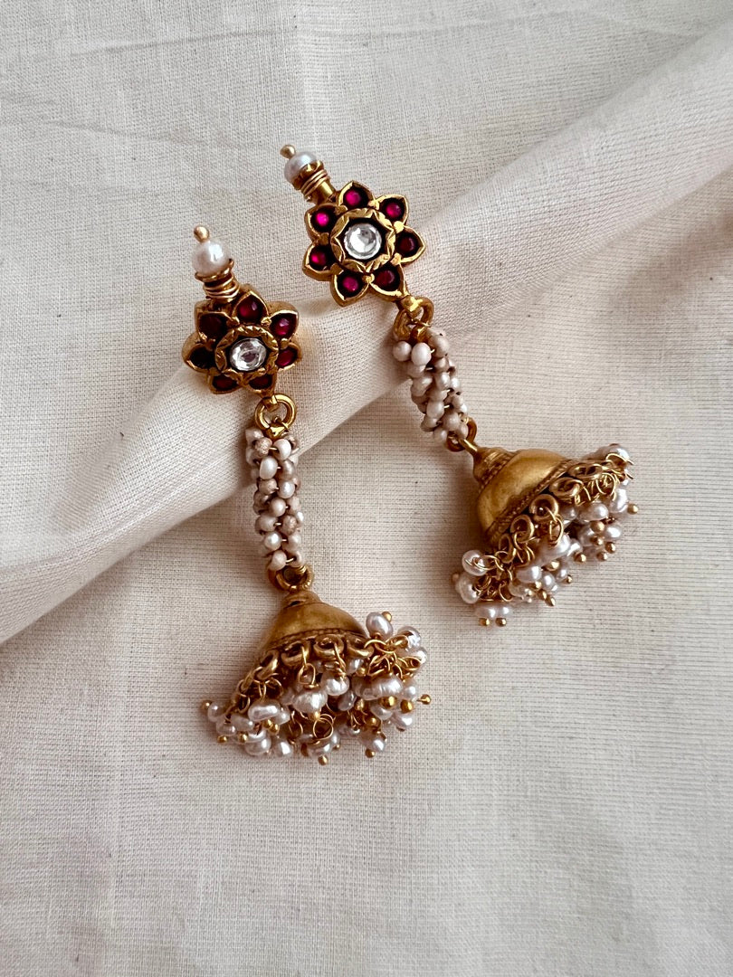 Gold polish kundan & ruby long jhumkas with pearls