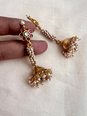 Gold polish kundan & ruby long jhumkas with pearls