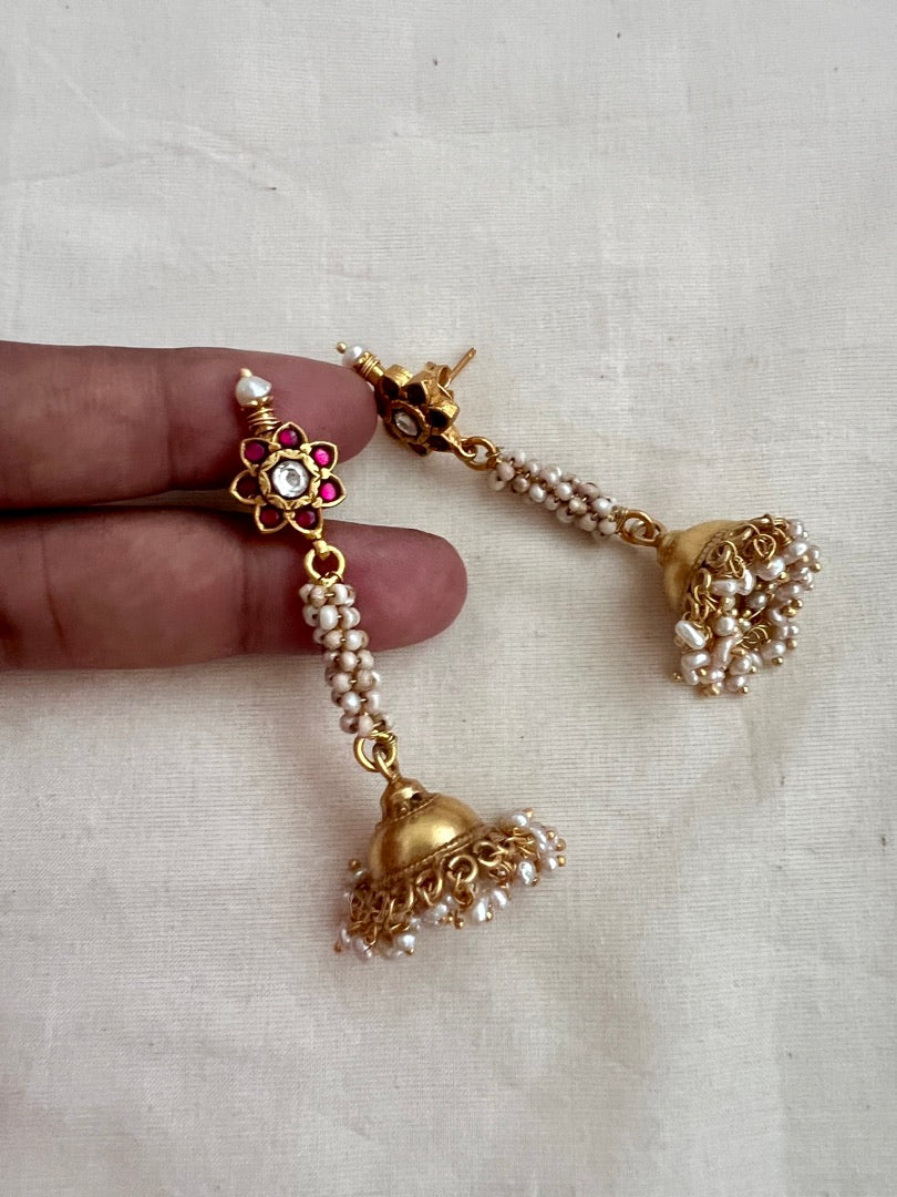 Gold polish kundan & ruby long jhumkas with pearls