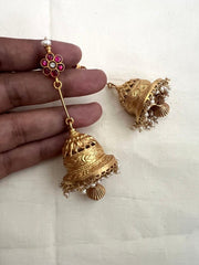 Gold polish kundan & ruby long stick jhumkas with pearls-Earrings-CI-House of Taamara