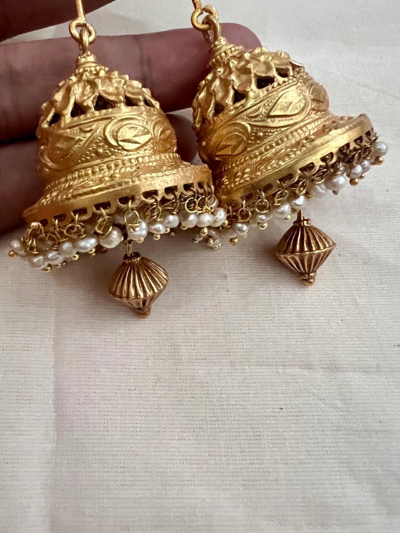 Gold polish kundan & ruby long stick jhumkas with pearls-Earrings-CI-House of Taamara