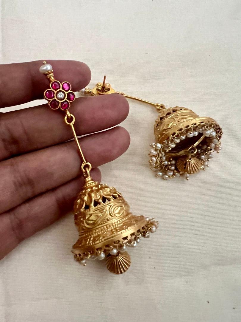 Gold polish kundan & ruby long stick jhumkas with pearls-Earrings-CI-House of Taamara