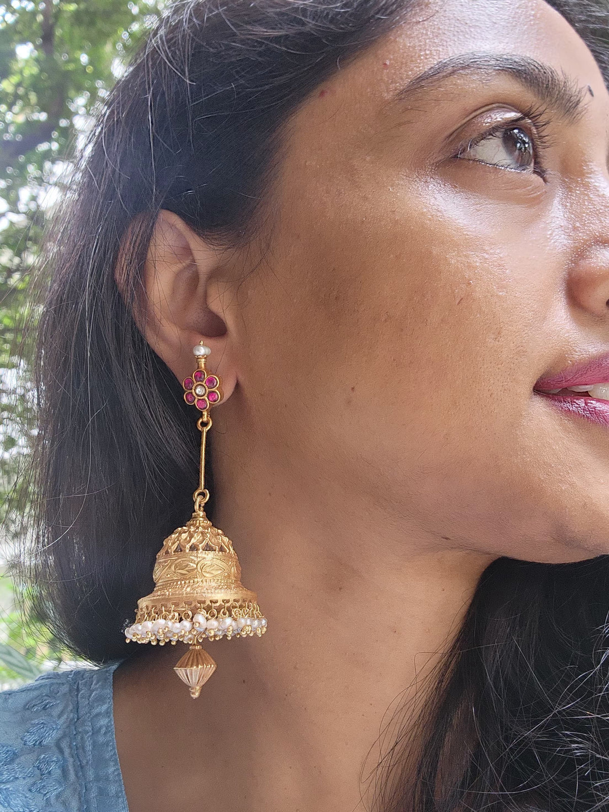 Gold polish kundan & ruby long stick jhumkas with pearls-Earrings-CI-House of Taamara