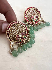 Gold polish kundan & ruby lotus earrings with pearls & jade beads-Earrings-CI-House of Taamara