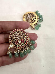 Gold polish kundan & ruby lotus earrings with pearls & jade beads-Earrings-CI-House of Taamara