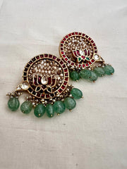 Gold polish kundan & ruby lotus earrings with pearls & jade beads-Earrings-CI-House of Taamara