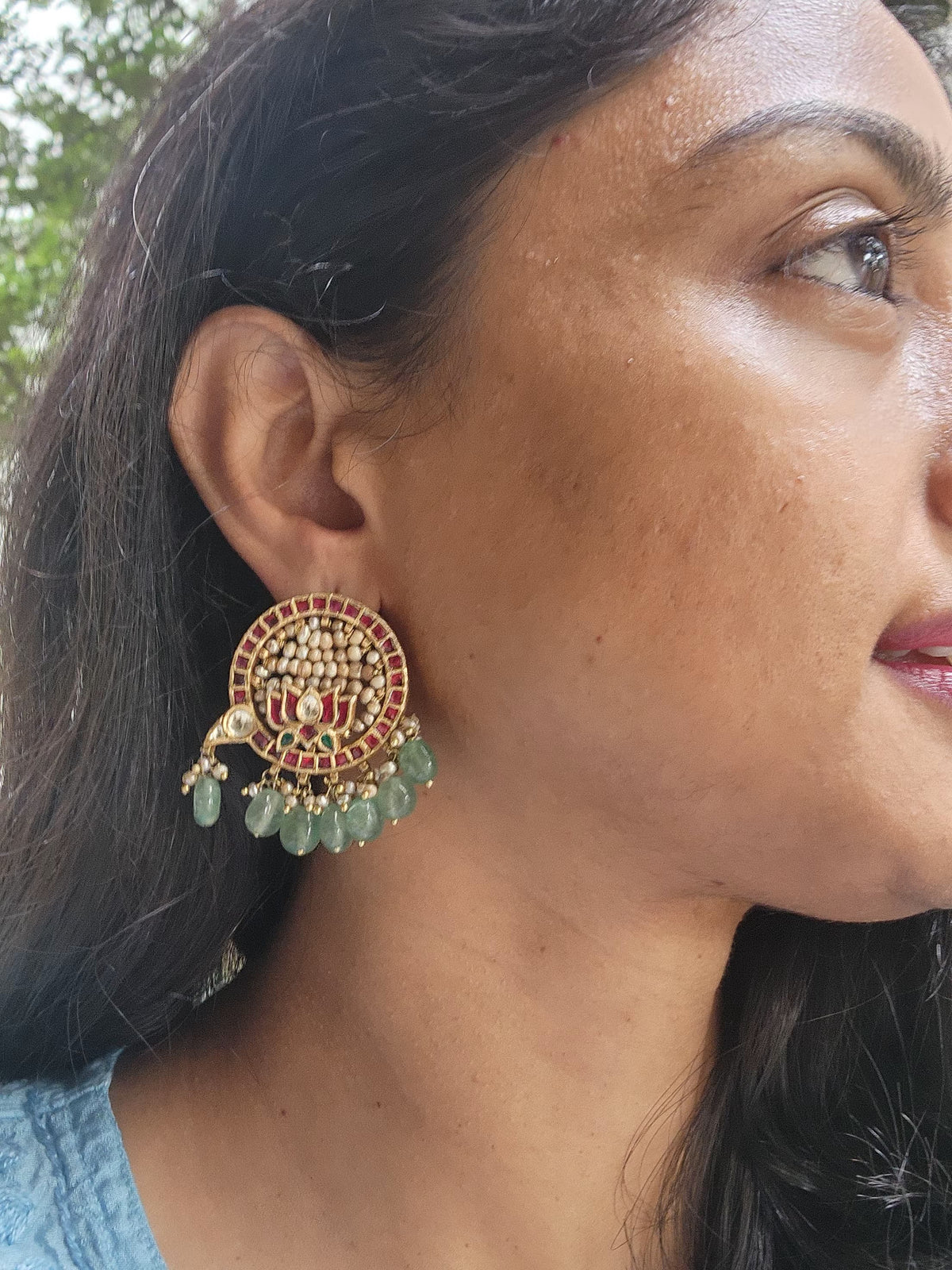 Gold polish kundan & ruby lotus earrings with pearls & jade beads-Earrings-CI-House of Taamara