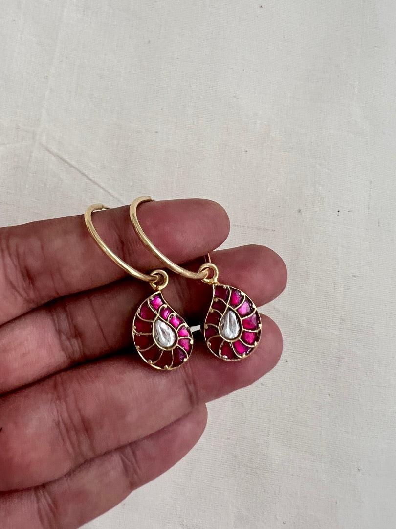 Gold polish kundan & ruby mango loop earrings-Earrings-CI-House of Taamara