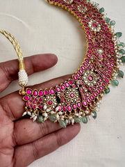 Gold polish kundan & ruby necklace with pearls and green jade beads-Silver Neckpiece-CI-House of Taamara