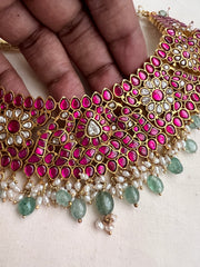 Gold polish kundan & ruby necklace with pearls and green jade beads-Silver Neckpiece-CI-House of Taamara