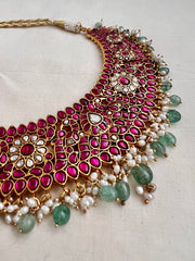 Gold polish kundan & ruby necklace with pearls and green jade beads-Silver Neckpiece-CI-House of Taamara