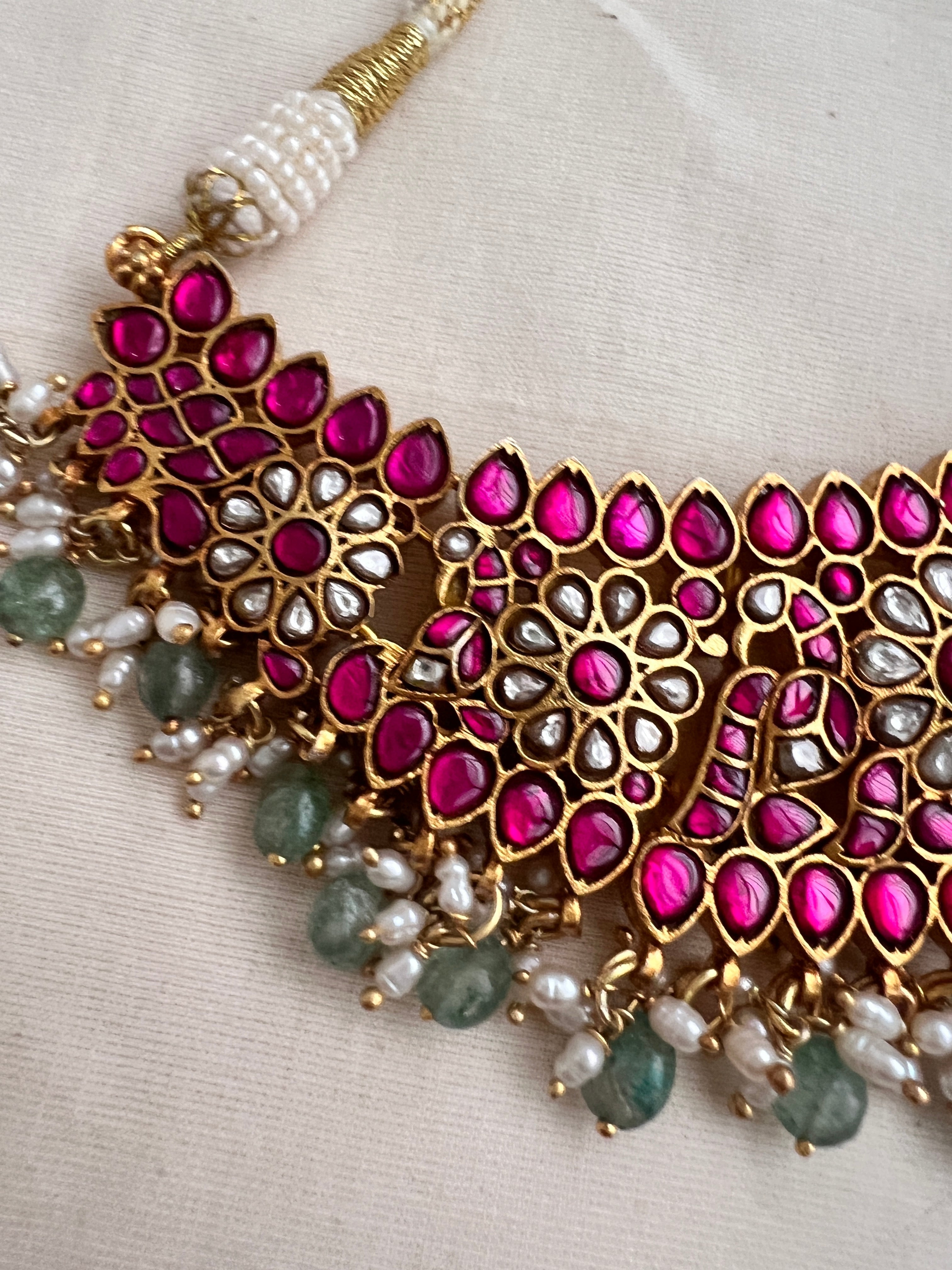 Gold polish kundan & ruby necklace with pearls and green jade beads-Silver Neckpiece-CI-House of Taamara