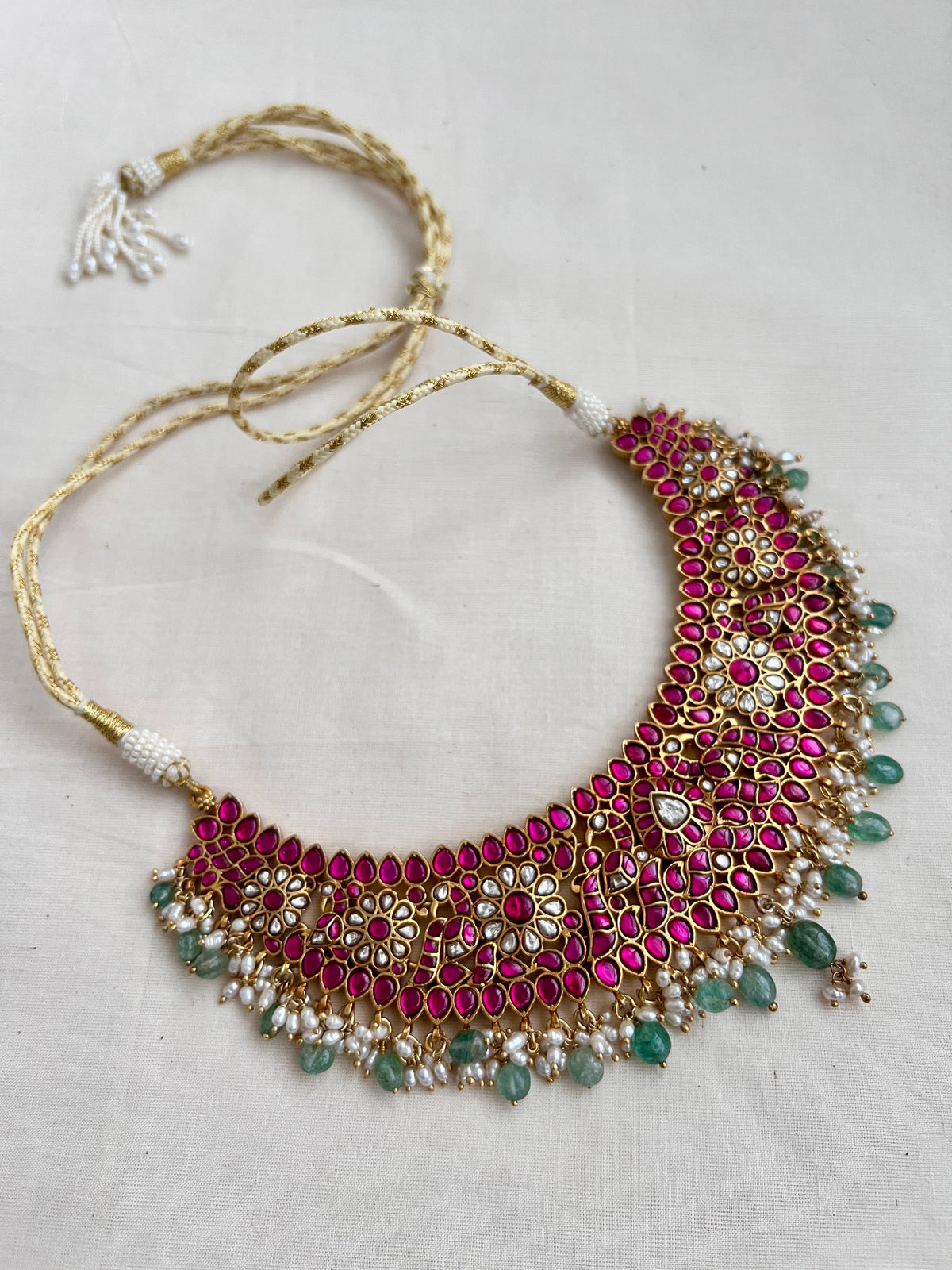 Gold polish kundan & ruby necklace with pearls and green jade beads-Silver Neckpiece-CI-House of Taamara