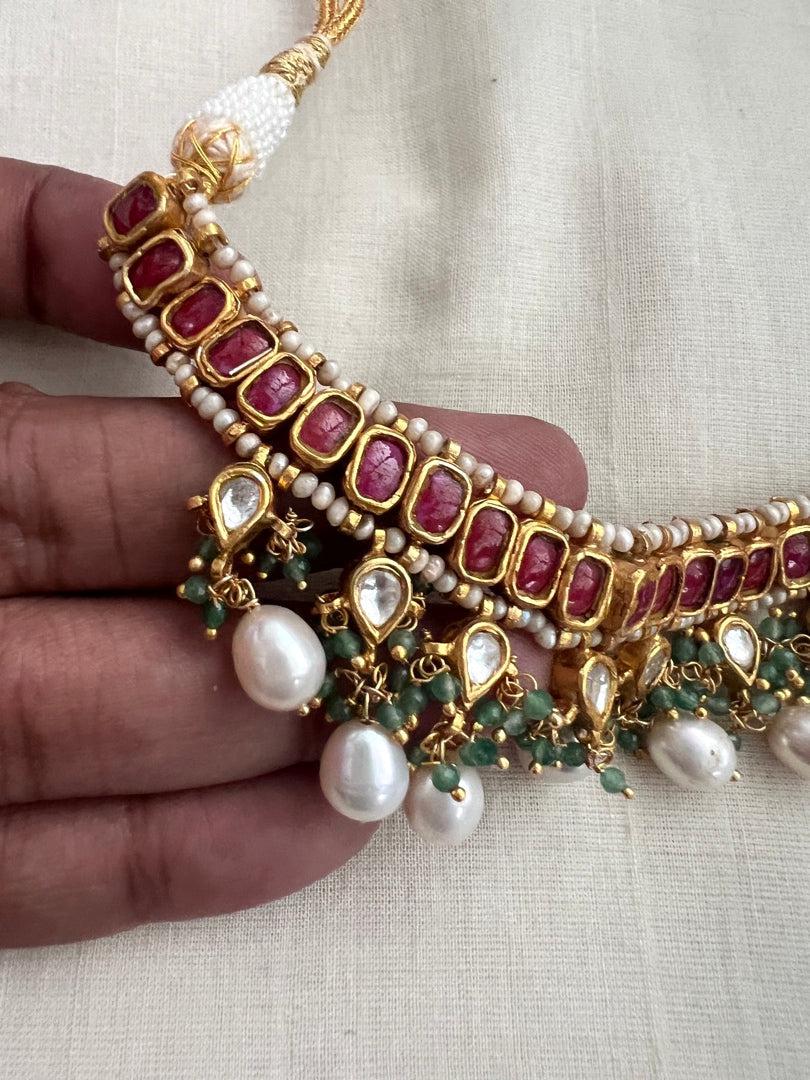 Gold polish kundan & ruby necklace with pearls and jade beads-Silver Neckpiece-CI-House of Taamara