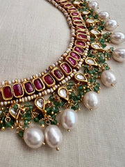 Gold polish kundan & ruby necklace with pearls and jade beads-Silver Neckpiece-CI-House of Taamara