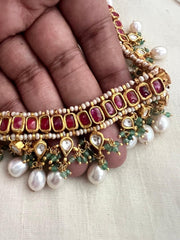 Gold polish kundan & ruby necklace with pearls and jade beads-Silver Neckpiece-CI-House of Taamara