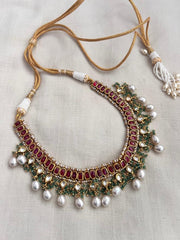 Gold polish kundan & ruby necklace with pearls and jade beads-Silver Neckpiece-CI-House of Taamara