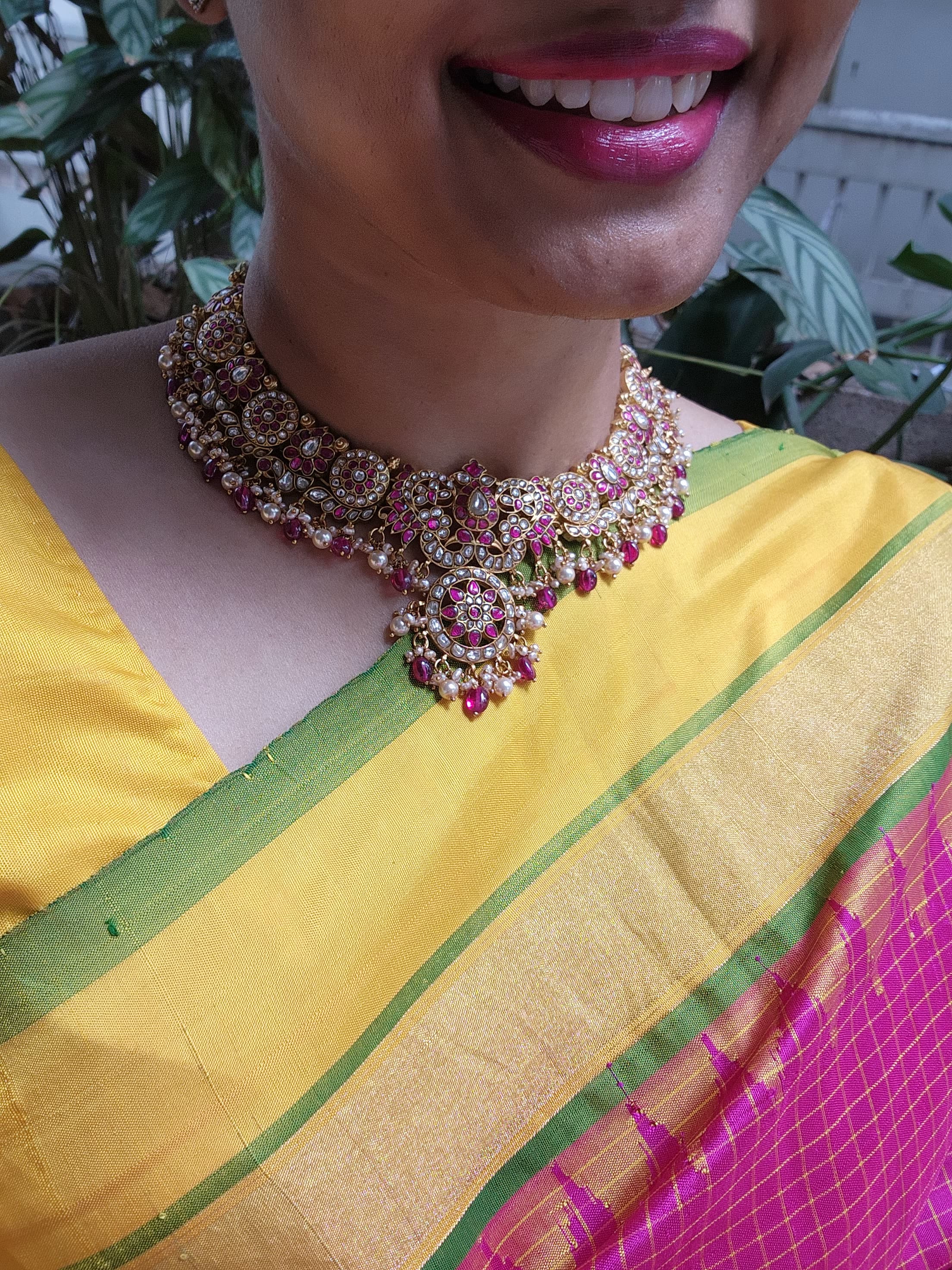 Gold polish kundan & ruby necklace with pearls and ruby beads-Silver Neckpiece-CI-House of Taamara