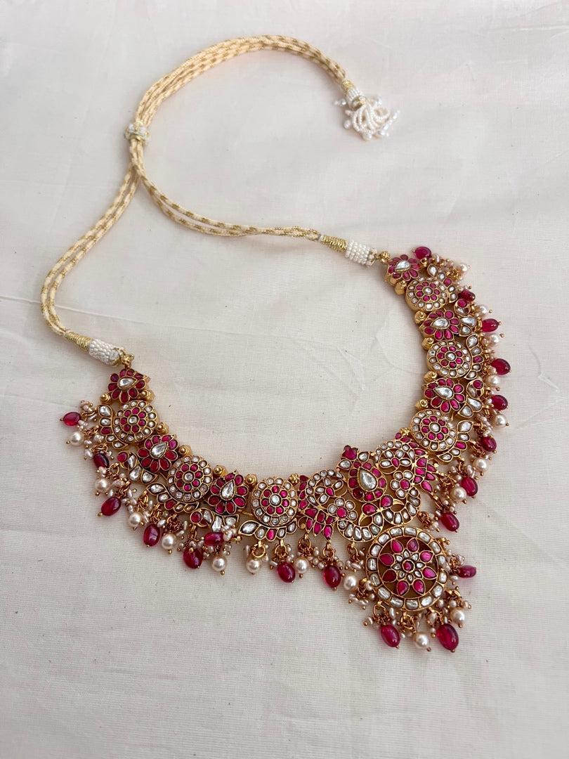 Gold polish kundan & ruby necklace with pearls and ruby beads-Silver Neckpiece-CI-House of Taamara