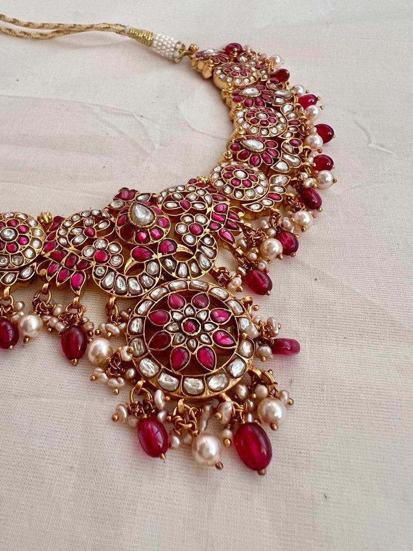 Gold polish kundan & ruby necklace with pearls and ruby beads-Silver Neckpiece-CI-House of Taamara