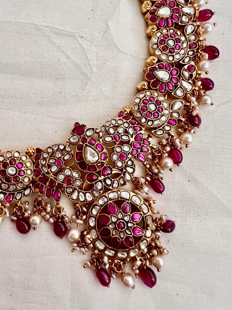 Gold polish kundan & ruby necklace with pearls and ruby beads-Silver Neckpiece-CI-House of Taamara