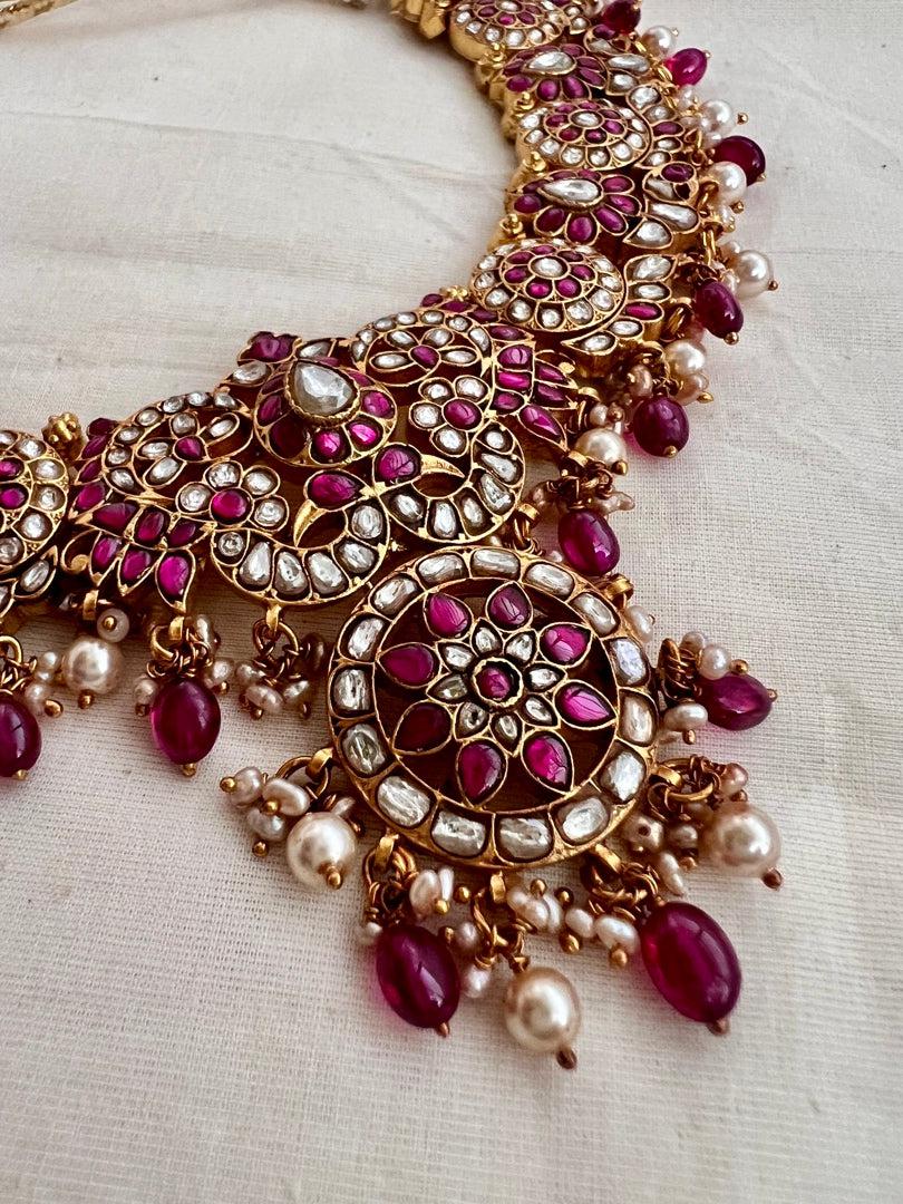 Gold polish kundan & ruby necklace with pearls and ruby beads-Silver Neckpiece-CI-House of Taamara