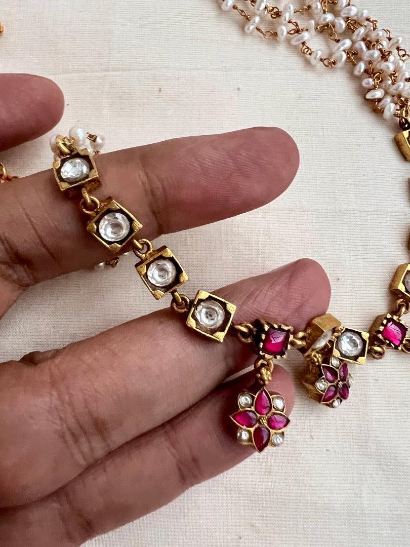 Gold polish kundan & ruby necklace with pearls chain-Silver Neckpiece-CI-House of Taamara