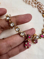 Gold polish kundan & ruby necklace with pearls chain-Silver Neckpiece-CI-House of Taamara