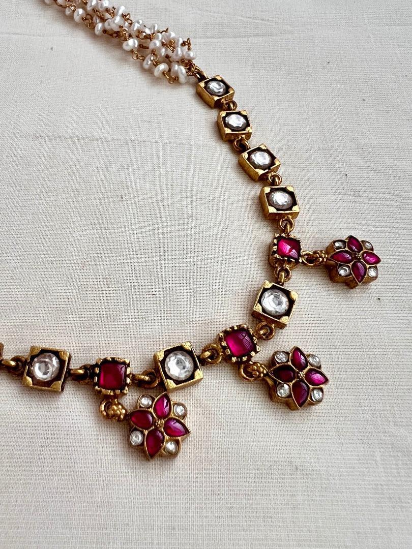 Gold polish kundan & ruby necklace with pearls chain-Silver Neckpiece-CI-House of Taamara