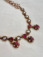 Gold polish kundan & ruby necklace with pearls chain-Silver Neckpiece-CI-House of Taamara