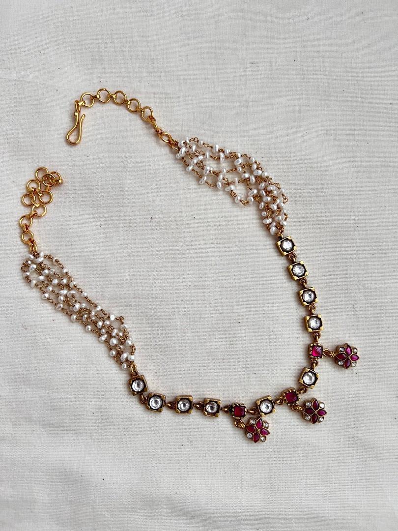 Gold polish kundan & ruby necklace with pearls chain-Silver Neckpiece-CI-House of Taamara