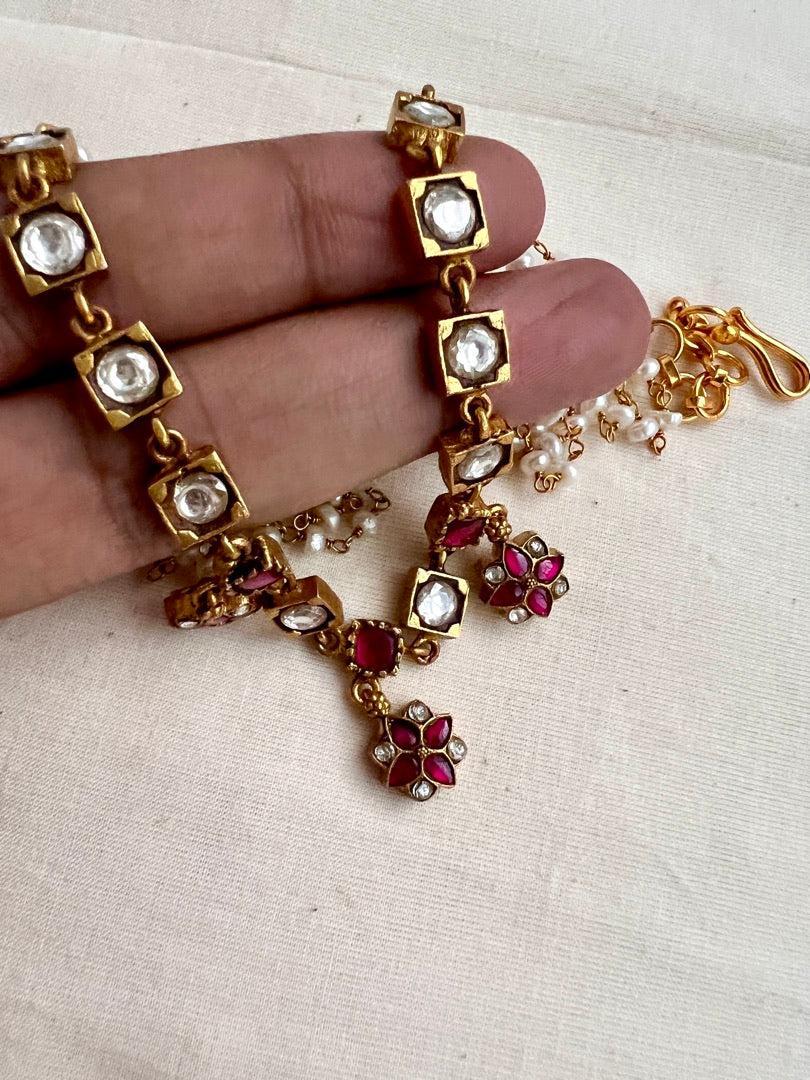 Gold polish kundan & ruby necklace with pearls chain-Silver Neckpiece-CI-House of Taamara