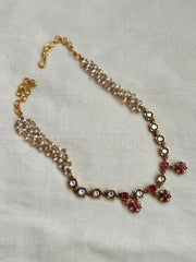 Gold polish kundan & ruby necklace with pearls chain-Silver Neckpiece-CI-House of Taamara