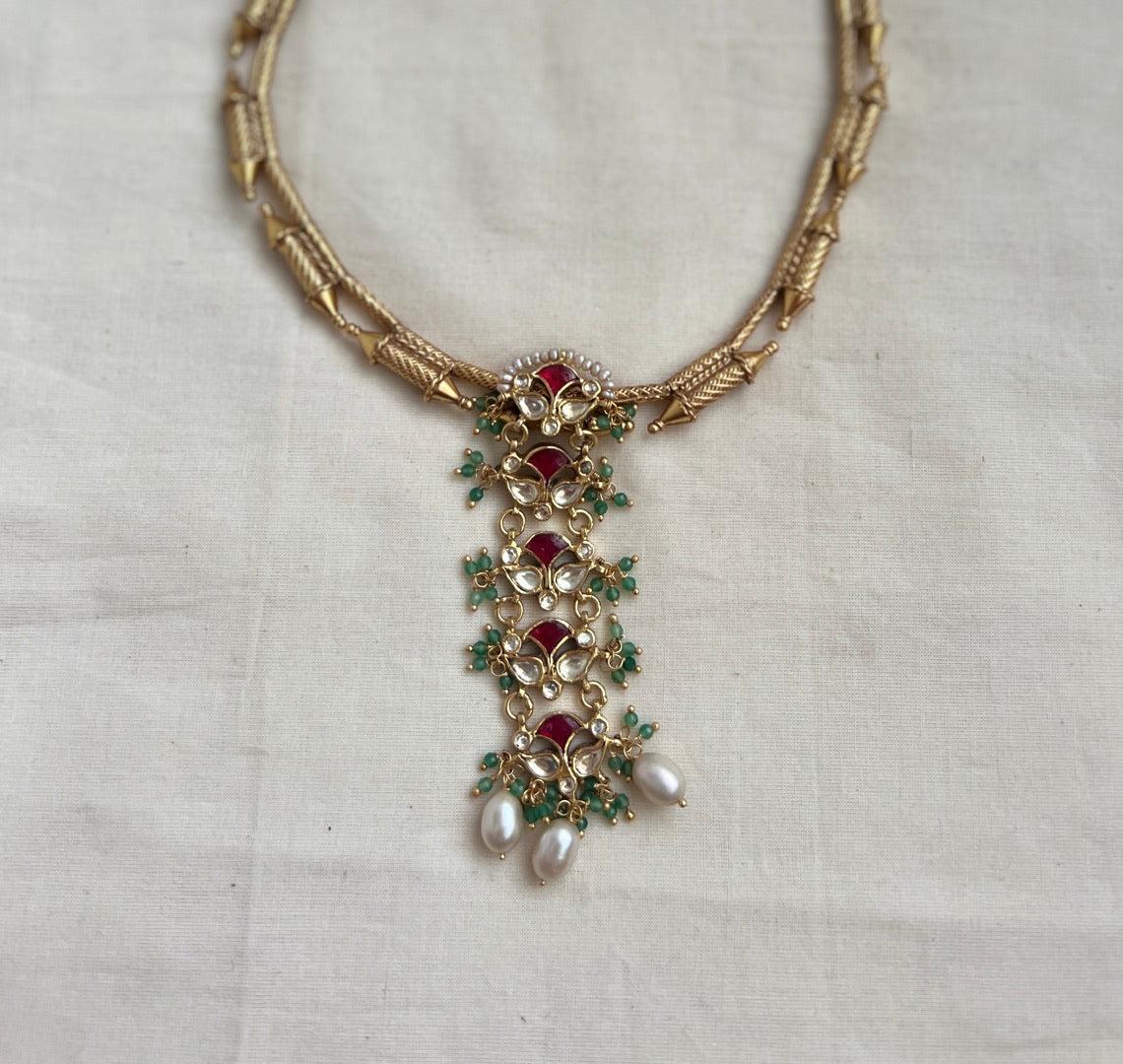 Gold polish kundan & ruby necklace with pearls & jade beads, SET-Silver Neckpiece-CI-House of Taamara