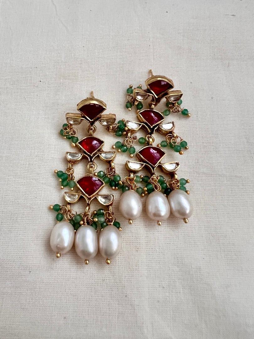Gold polish kundan & ruby necklace with pearls & jade beads, SET-Silver Neckpiece-CI-House of Taamara