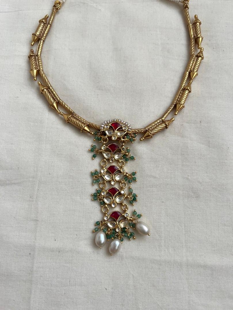 Gold polish kundan & ruby necklace with pearls & jade beads, SET-Silver Neckpiece-CI-House of Taamara