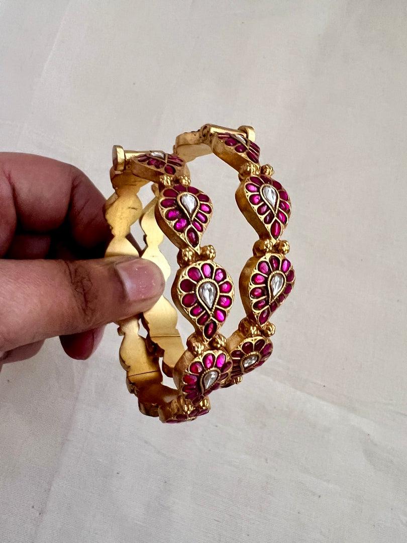 Gold polish kundan & ruby paisley bangles, 2.3, PAIR-Silver Bracelet-CI-House of Taamara